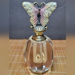 Vtg Glass Perfume Bottle Rhinestones, Butterfly Topper Cut Glass